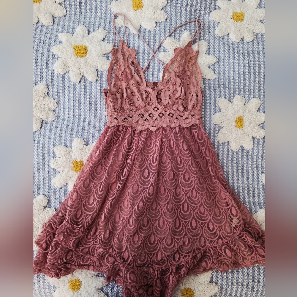 Free People Lace Mini Dress in Mauve